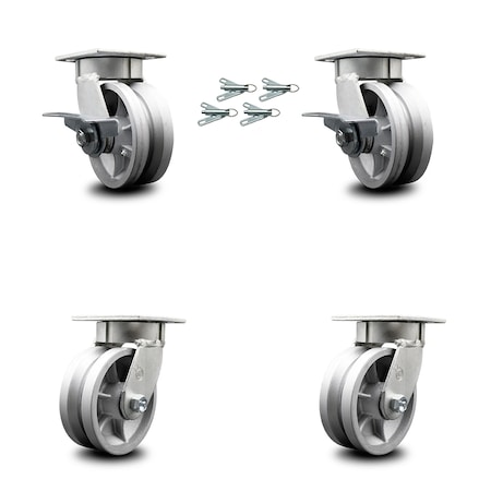 Service Caster 5 Inch Kingpinless V Groove Semi Steel Wheel Caster Swivel Locks 2 Brakes, 4PK SCC-KP30S520-VGR-SLB-BSL-2-BSL-2